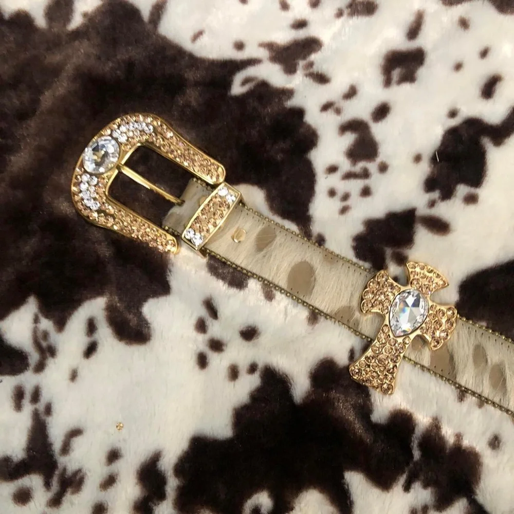 B.B Simon Cross Belt Rhinestone Swarovski Western Calf Hair Hyde Bling Rodeo Y2K